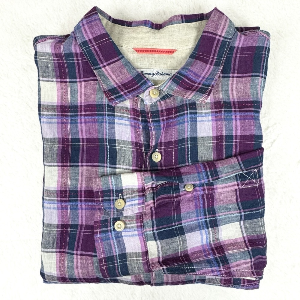 Tommy Bahama Linen Shirt Mens 2XL Purple Plaid Madras Long Sleeve Marlin EUC